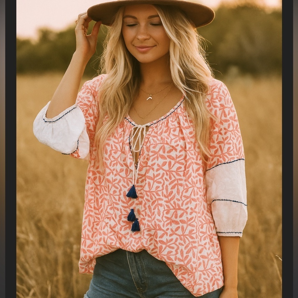 Thierry colson boho evita top in coral & navy tassel spring  boho casual $450 xs